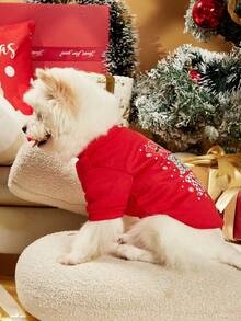 PETSIN 1pc Pet "HoHoHo" Reindeer Snow Flake Santa Claus Cartoon Print Cute Red Fleece Pullover Sweatshirt - Multicolor - View 8