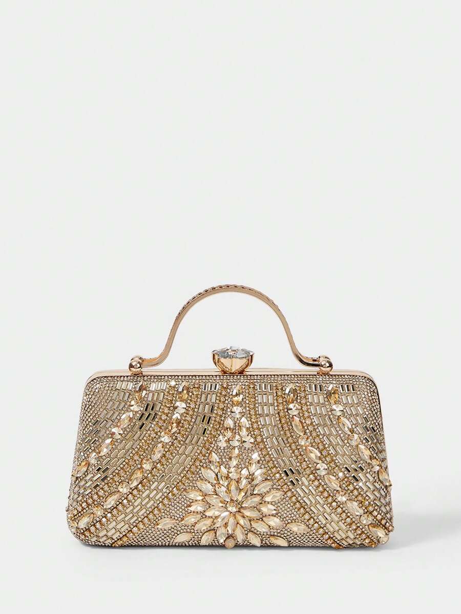 SHECARRY Ladies Fashion Elegance Luxury Exquisite Rhinestone Decorated Dinner Bag Gold Clutch Bag For Parties Festive Dinners Parties Ball Weddings - Gold - View 1