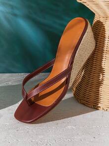 VACAZURE New Women's Small Thong Wedge Coffee Color, Slide-In Comfort Square Toe Spring Summer Chic Holiday Shoes Summer Shoes - Coffee Brown - View 5