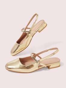 CUCCOO DOLLMOD Women's Shoes Gold Glossy Textured Back Lift Mary Jane Flats - Gold - View 3