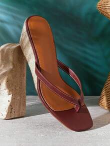 VACAZURE New Women's Small Thong Wedge Coffee Color, Slide-In Comfort Square Toe Spring Summer Chic Holiday Shoes Summer Shoes - Coffee Brown - View 6