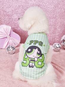 THE POWERPUFF GIRLS X PETSIN 1件裝可愛黑色大眼女孩星星綠色數字98字母印花寵物背心，綠色拼接白色條紋運動風，柔軟舒適寵物衣服 - 彩色 - 查看 4