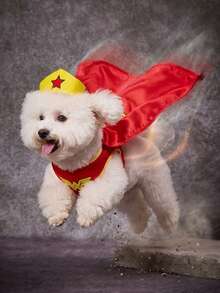 WONDER WOMAN X PETSIN 貓狗通用寵物服裝，魔幻女英雄酷感超級英雄寵物 Cosplay 三件套，包含無袖背心、紅色印花披風與星星皇冠髮箍，適合萬聖節 Cosplay、主題派對與寵物攝影 - 紅色 - 查看 2