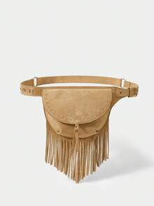 SHECARRY Women's Fashion Retro Imitation Suede Fringed Fanny Pack, Rivet Flip Saddle Bag Shape, For Daily, Shopping, Commuting, Travel - Khaki - View 1
