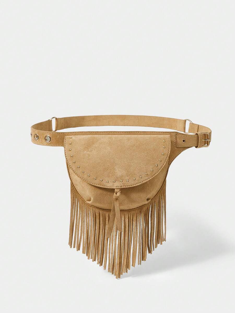 SHECARRY Women's Fashion Retro Imitation Suede Fringed Fanny Pack, Rivet Flip Saddle Bag Shape, For Daily, Shopping, Commuting, Travel - Khaki - View 1