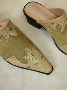 Styleloop Vintage Splicing Rivet Carving Western Style Thick Heel Closed Toe Mules - Khaki - View 3