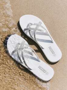 Grefit Fashionable Black Rhinestone Slippers For Women Spring Shoes Spring Break Easter For Casual Beach Style - White - View 1