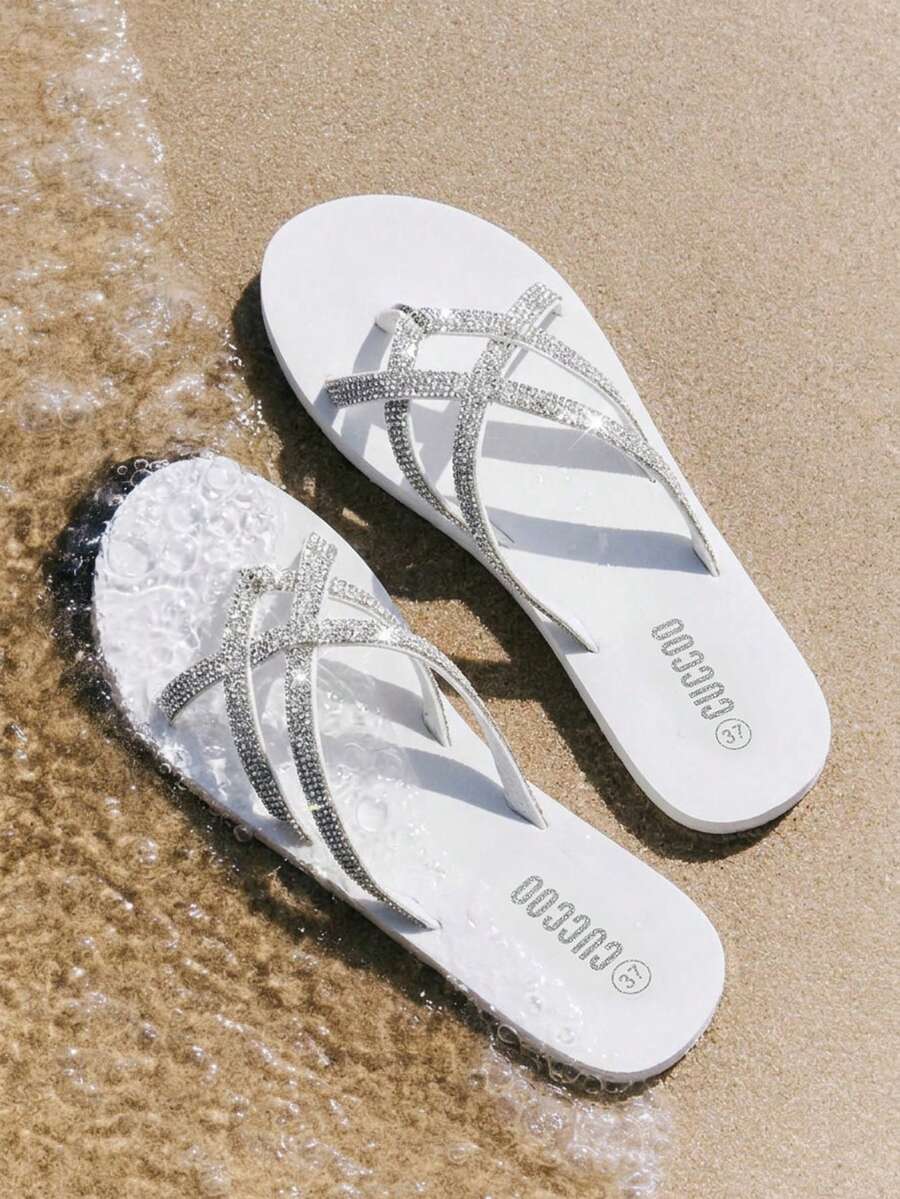 Grefit Fashionable Black Rhinestone Slippers For Women Spring Shoes Spring Break Easter For Casual Beach Style - White - View 1