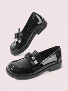 CUCCOO DOLLMOD Women Shoes Pearl Rhinestone Bow Decorative Round Toe Platform Bottom College Style Patent Leather Women Loafers Shoes Daily College Wear, Dating - Black - View 3