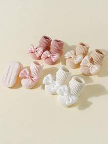 SHEIN 4 Pairs Of Girls And Children Bow Decorative Cotton Material, Four-Season Dispensing Non-Slip Mid-Tube Socks, Indoor Floor Socks Suitable For Baby Tod - Multicolor - View 3