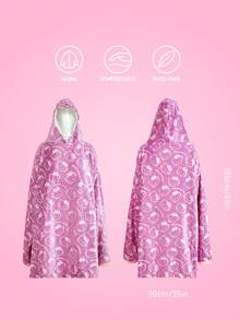 HELLO KITTY AND FRIENDS | SHEIN 1件印花法蘭絨可穿戴毯，居家戶外連帽毯，柔軟舒適，可機洗，節日禮物 - hello kitty深粉色 - 查看 3