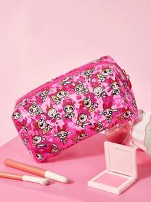 THE POWERPUFF GIRLS X SHEIN 粉色透明PVC化妝包，卡通印花防水拉鍊收納袋，可愛愛心圖案化妝收納袋，多功能旅行盥洗包，適用日常使用、文具和小物品收納 - 彩色 - 查看 3