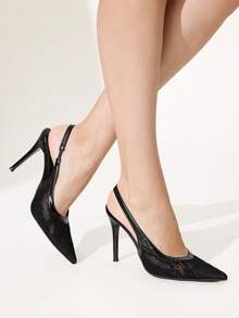 CUCCOO CHICEST French Pure Black Lace Transparent V-Shaped Hemming Pointed Toe Thin Heel Slingback Shoes Elegant Commuting Dating Thin High Heels - Black - View 8