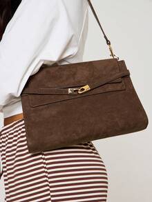MUSERA Brown Suede Buckle Detail Shoulder Bag Fall Autumn Winter Streetwear Outfits - Suede coffee - View 1
