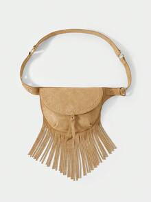 SHECARRY Women's Fashion Retro Imitation Suede Fringed Fanny Pack, Rivet Flip Saddle Bag Shape, For Daily, Shopping, Commuting, Travel - Khaki - View 5
