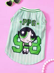 THE POWERPUFF GIRLS X PETSIN 1件裝可愛黑色大眼女孩星星綠色數字98字母印花寵物背心，綠色拼接白色條紋運動風，柔軟舒適寵物衣服 - 彩色 - 查看 1