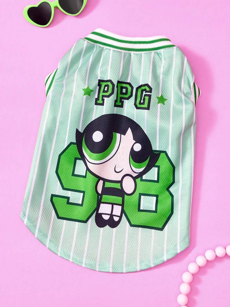 THE POWERPUFF GIRLS X PETSIN 1件裝可愛黑色大眼女孩星星綠色數字98字母印花寵物背心,綠色拼接白色條紋運動風,柔軟舒適寵物衣服 - 彩色 - 查看 1