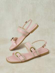Styleloop French Maillard Style Double Gold Buckle Sandals Soft Sole Non-Slip Flat Roman Shoes Summer Wear Versatile Belt Shoes - Dusty Pink - View 9