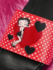 Betty Boop x SHEIN نعال نسائية وردية وبيضاء مطبوعة، نعال خفيفة الوزن بقاع ناعم - القلب الأسود - مشاهدة 2