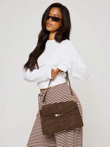 MUSERA Brown Suede Buckle Detail Shoulder Bag Fall Autumn Winter Streetwear Outfits - Suede coffee - View 2