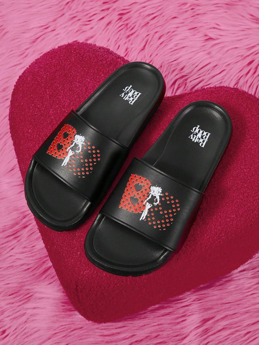 Betty Boop x SHEIN شباشب سلايد نسائية - الأسود - مشاهدة 1