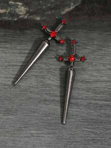 ROMWE 1pair New Gothic Style Sword Shaped Women's Vintage Multicolor Crystal Stud Earrings, Halloween - Red - View 2