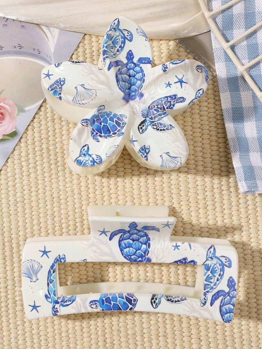 BestieMix 2 Pieces Ocean Collection Bohemian Sweet Turtle Shell Starfish UV Printed Egg Flower Square Combination Hair Claw Beach Hair Accessories - Multicolor - View 1
