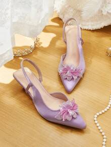 CUCCOO HITCHD Women's Pointed Toe Kitten Heel Rhinestone Floral Satin Comfortable Elegant Pumps, Suitable For Spring/Summer, Weddings, Parties, Formal Occasions Fall Shoes - Dusty Purple - View 1