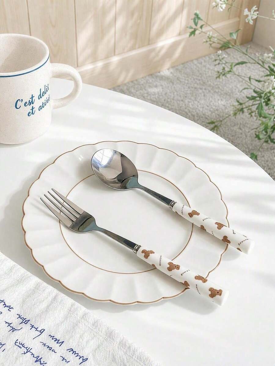 Haus Hana 1pc/2pcs Stainless Steel Tableware Set, With Teddy Bear Pattern Ceramic Handles. Suitable For Steaks, Western-Style Banquets, And Home Kitchens. Featuring Cute Animal Patterns, It Is Perfect For Daily Use, Parties, Weddings, Restaurants, - Multicolor - View 1