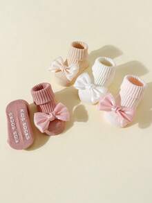 SHEIN 4 Pairs Of Girls And Children Bow Decorative Cotton Material, Four-Season Dispensing Non-Slip Mid-Tube Socks, Indoor Floor Socks Suitable For Baby Tod - Multicolor - View 5