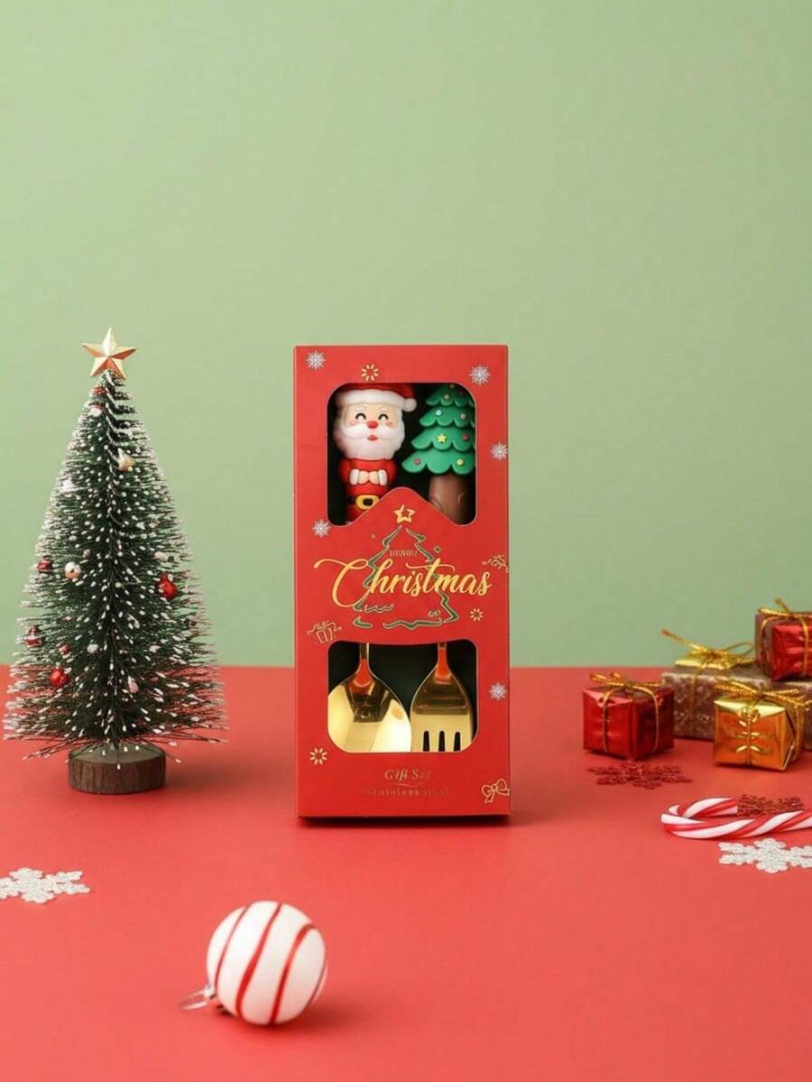 Joivida 1PC Christmas Spoon Creative Tableware Doll Dessert Spoon Fork Cartoon Christmas Tree Spoon Fork Gift Box Set - View 1