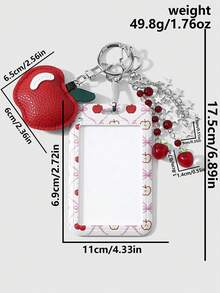 ROMWE Kawaii 1個簡約休閒田園風紅色樹脂圓珠星星鏈條皮革印花蘋果卡套DIY鑰匙圈包包吊飾，女孩配戴，節日禮物 - 紅色-16 - 查看 3