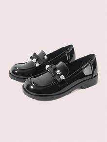 CUCCOO DOLLMOD Women Shoes Pearl Rhinestone Bow Decorative Round Toe Platform Bottom College Style Patent Leather Women Loafers Shoes Daily College Wear, Dating - Black - View 2