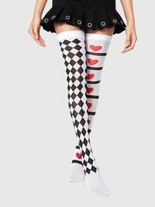ROMWE Goth 1 Pair Women's Heart Pattern Plaid Over-The-Knee Long Socks - Multicolor - View 2