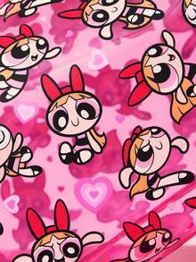 THE POWERPUFF GIRLS X SHEIN 粉色透明PVC化妝包，卡通印花防水拉鍊收納袋，可愛愛心圖案化妝收納袋，多功能旅行盥洗包，適用日常使用、文具和小物品收納 - 彩色 - 查看 4