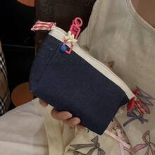 1Pc 17x5x8cm Durable Denim Embroidered Cute Cat Face Pencil Case With Zipper Dark Blue Stationery Organizer For Students Back To School Hot . - multicolor - View 3