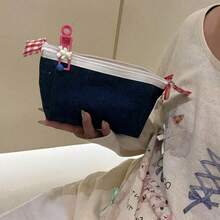 1Pc 17x5x8cm Durable Denim Embroidered Cute Cat Face Pencil Case With Zipper Dark Blue Stationery Organizer For Students Back To School Hot . - multicolor - View 5