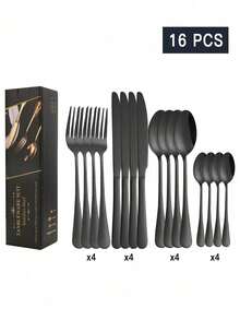 4/16/24pcs Stainless Steel Black Steak Knife, Fork, Spoon Cutlery Set With Gift Box, Suitable For Hotel, Restaurant, Home Dining, And Gift Giving - Black - View 11