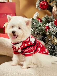 PETSIN 1pc Pet Christmas Red Reindeer Geometric Fair Isle Pattern Flannel Warm Cozy Crew Neck Dog Sweatshirt - Multicolor - View 8
