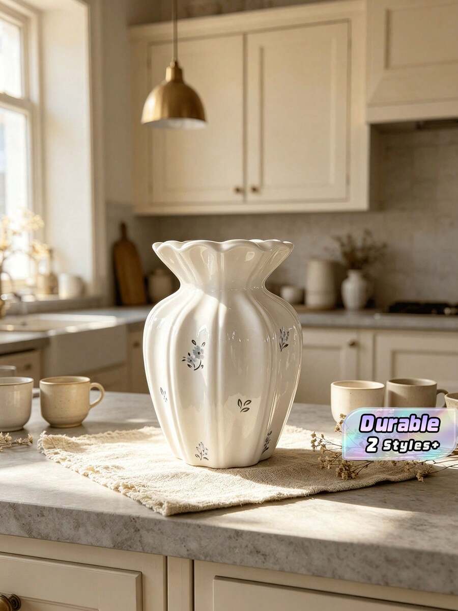 Nordic Retro Floral Ceramic Vase, Ins Style High-Gloss Ruffled Edge Flower Vase, Tabletop Flower Arranging Ornament For Living Room Home Decoration - vase - View 1