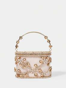 SHECARRY Ladies Fashion Gold Heavy Industry Dinner Bag, Flower Decorated Bucket Bag, For Parties, Festivals, Dates, Gifts, Weddings, Dress Matching - Gold - View 4