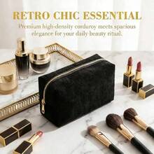 1Pc Large Capacity Corduroy Makeup Bag Portable Zipper Closure Sturdy Cosmetic Pouch Solid Black Soft Textured Storage Organizer For Women Travel Daily Use Toiletry Bag Beauty Accessory Cosmetic Case Handbag Pouch. - black - View 1