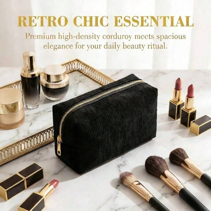 1Pc Large Capacity Corduroy Makeup Bag Portable Zipper Closure Sturdy Cosmetic Pouch Solid Black Soft Textured Storage Organizer For Women Travel Daily Use Toiletry Bag Beauty Accessory Cosmetic Case Handbag Pouch. - black - View 1