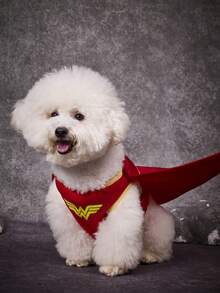 WONDER WOMAN X PETSIN 貓狗通用寵物服裝，魔幻女英雄酷感超級英雄寵物 Cosplay 三件套，包含無袖背心、紅色印花披風與星星皇冠髮箍，適合萬聖節 Cosplay、主題派對與寵物攝影 - 紅色 - 查看 6