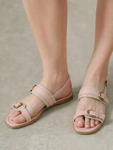 Styleloop French Maillard Style Double Gold Buckle Sandals Soft Sole Non-Slip Flat Roman Shoes Summer Wear Versatile Belt Shoes - Dusty Pink - View 5