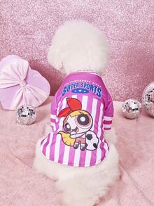 THE POWERPUFF GIRLS X PETSIN 1件裝可愛蝴蝶結大眼女孩踢足球圖案、星星字母印花玫瑰紅配白條紋運動風透氣柔軟舒適寵物衣服 - 彩色 - 查看 6
