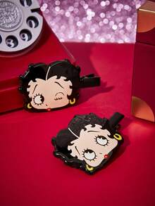 Betty Boop X Joivida 2件組粉色蝴蝶結貓頭樹脂髮夾，鋅合金鱷魚夾，女性側瀏海夾，甜美少女風髮飾髮夾，適合日常配戴 - 黑色 - 查看 1