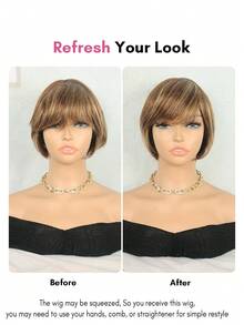 BreezeEase Short Pixie Cut Human Hair Wig Mix Brown Highlight Side Bang Bob Wig Short Straight Style Daily Party Wear Glueless Wig For Women Easy Wear Beginner Friendly - SP4/27 - View 6