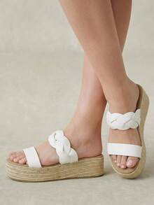 Styleloop Ladies Straw Bottom Beige Woven Belt Ladies Platform Sandals Boho Style Is Suitable For Going Out On Vacation Daily Dating Beach Seaside Travel Ca - White 6 - View 3