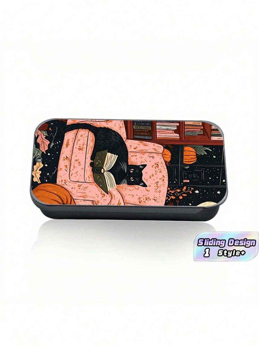 1PC Durable Metal Black Cat Pink Chair Pattern Sliding Lid Matchbox Style Storage Tin Compact Portable Multipurpose Organizer For Coins Jewelry Travel Home Office Desk Accessory Gift - Multicolor - View 1